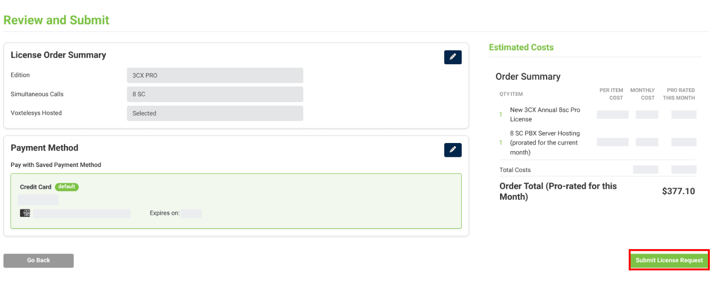review and submit page in the 3CX licensing process