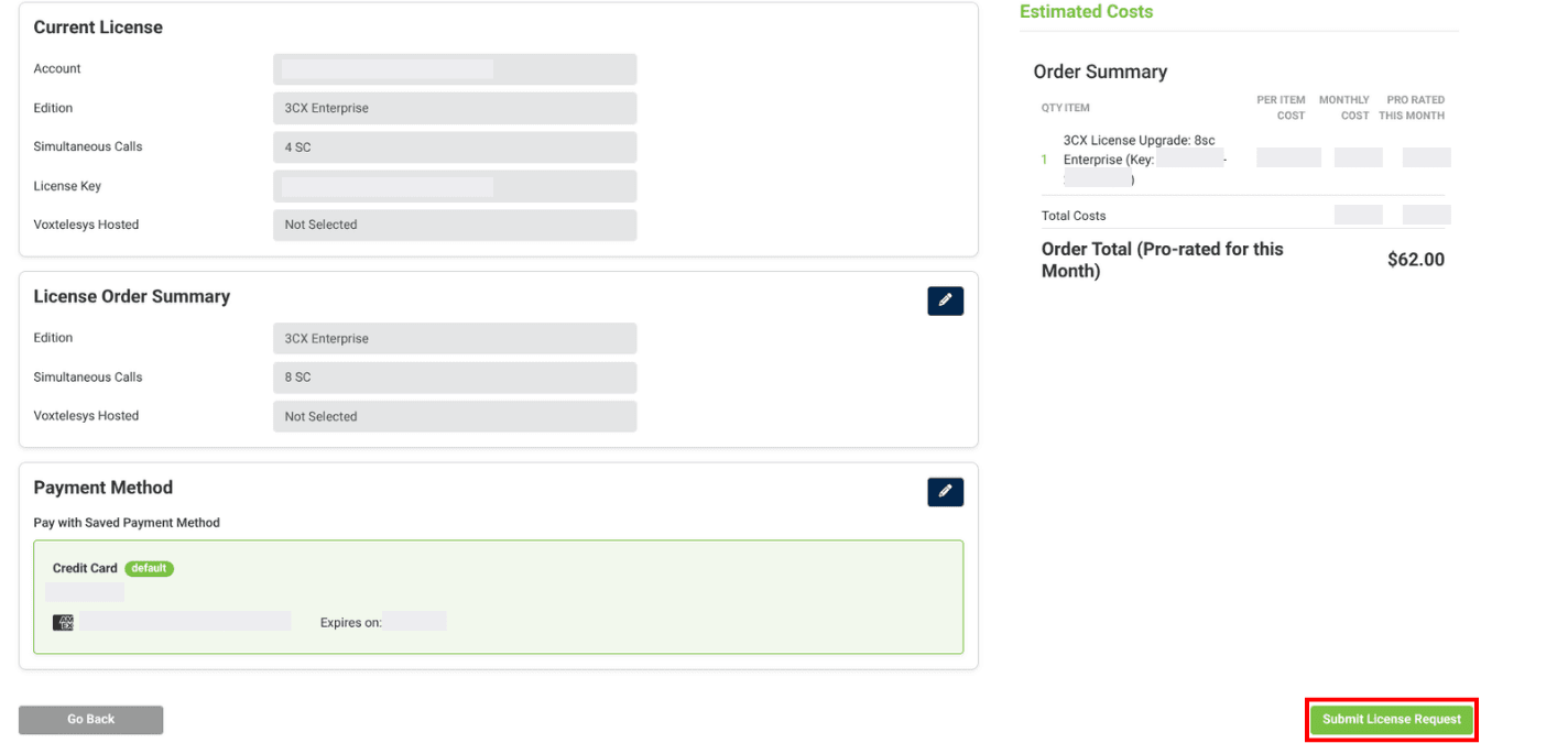 review and sumbit page in the 3CX license page