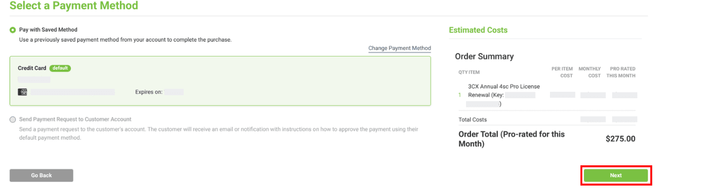select a payment method page after renewing a license