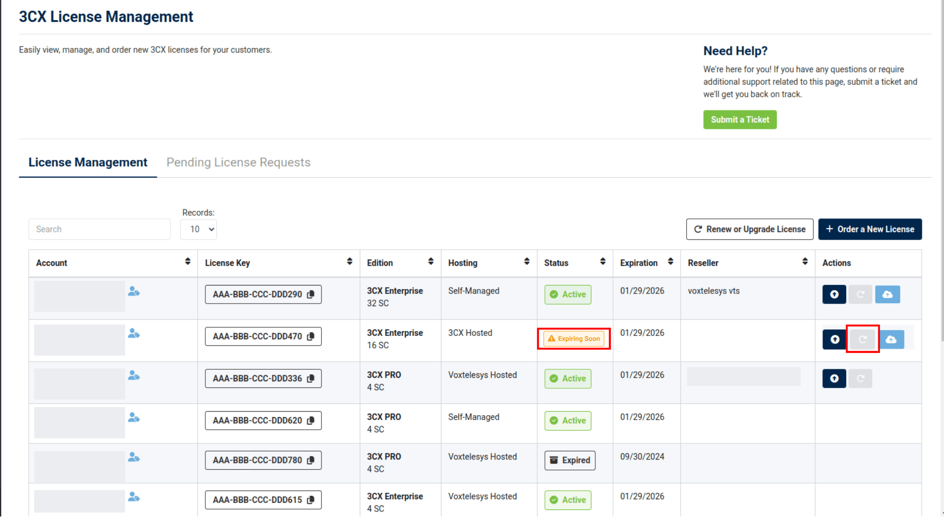 agent management dashboard with a box around expiring soon status and renew license actionring soon