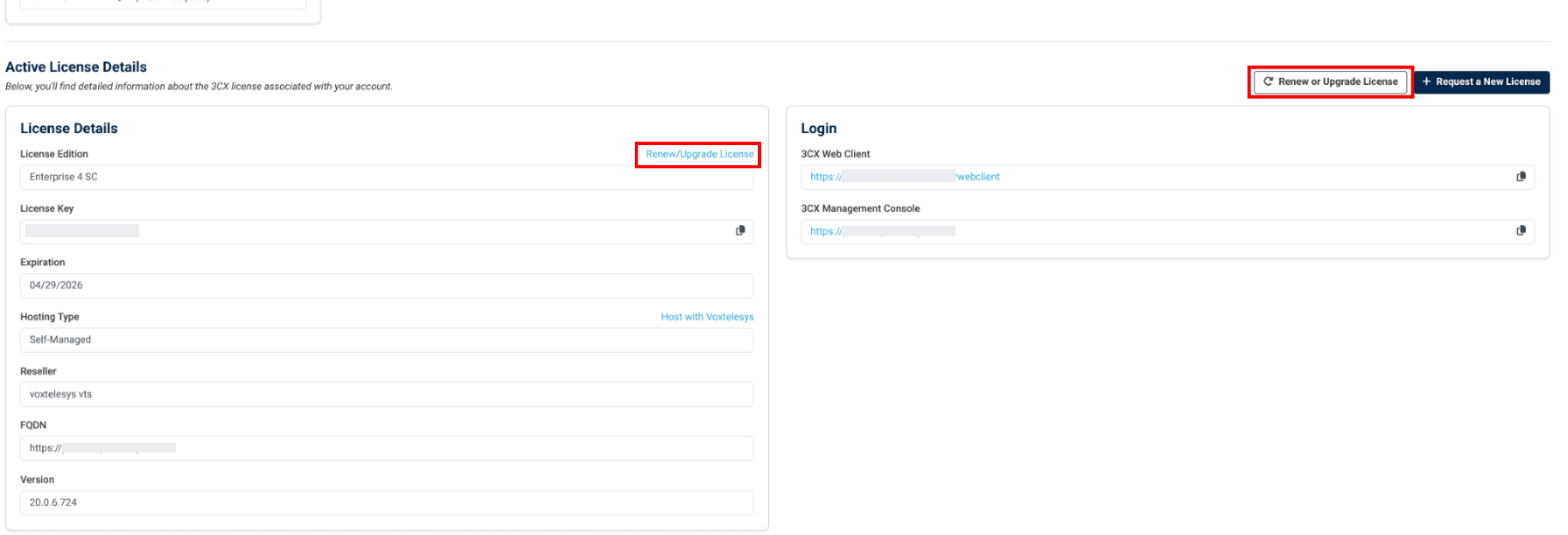 Renew/upgrade button next to license details in the 3CX licensing tab in voxtelesys