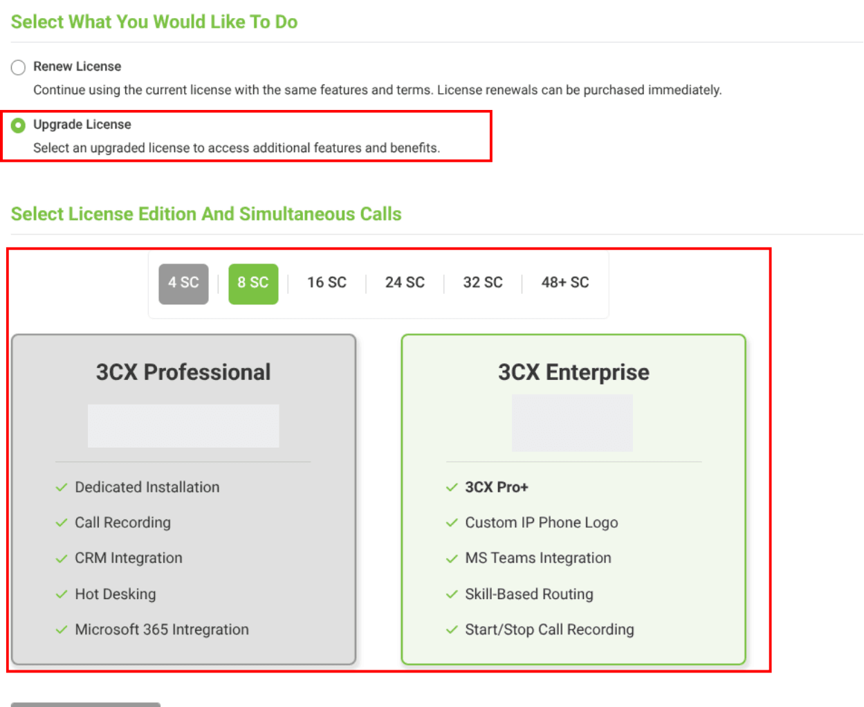 upgrading license option in the 3cx licensing tab