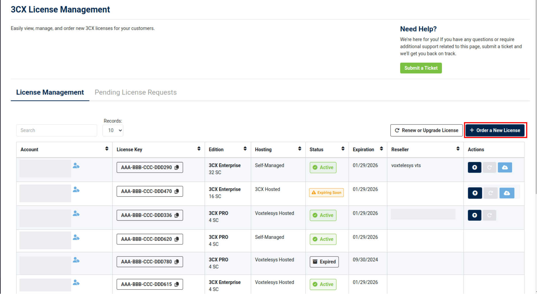 agent management page with the order a new license button