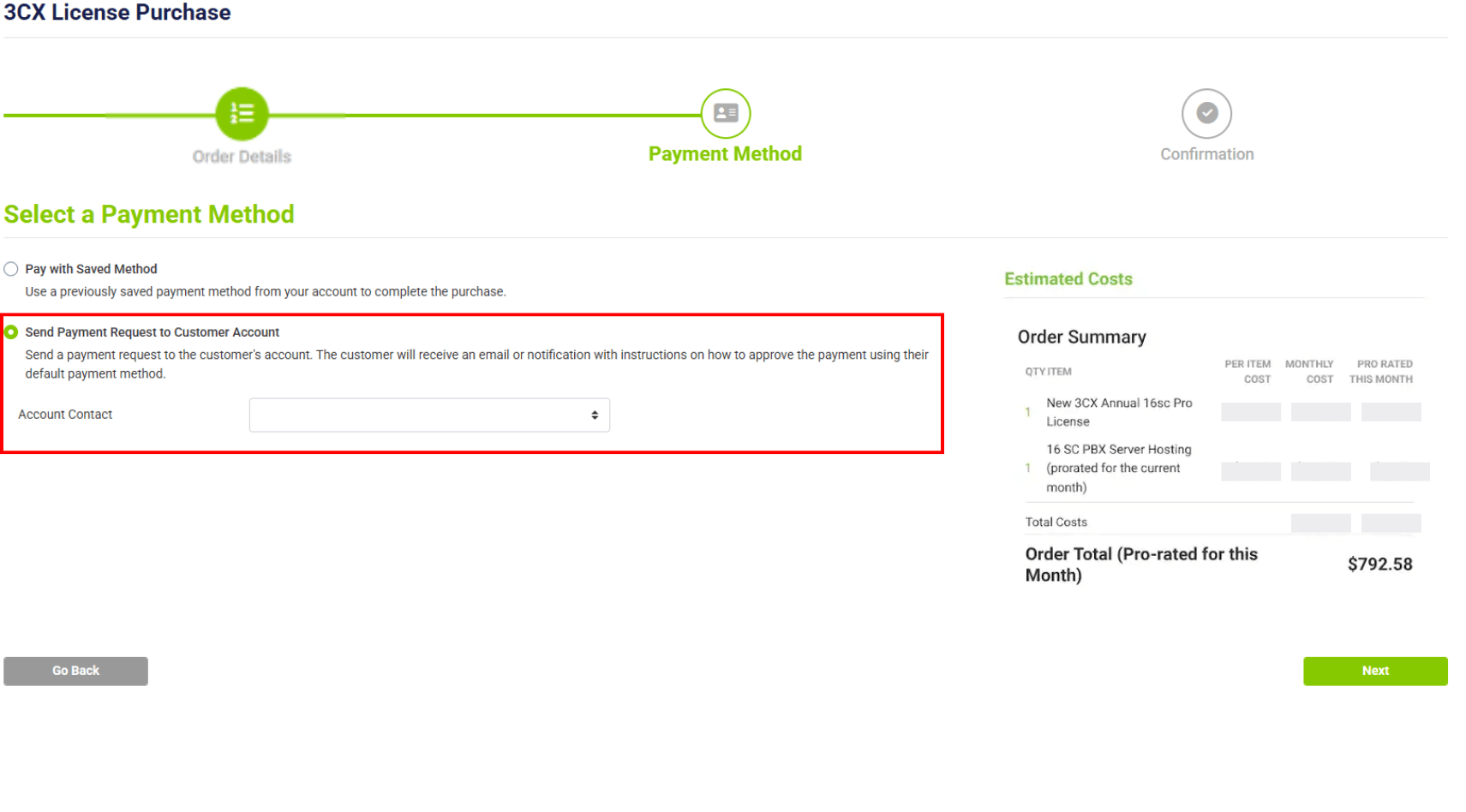 payment request to send to the customer account option selected under payment method