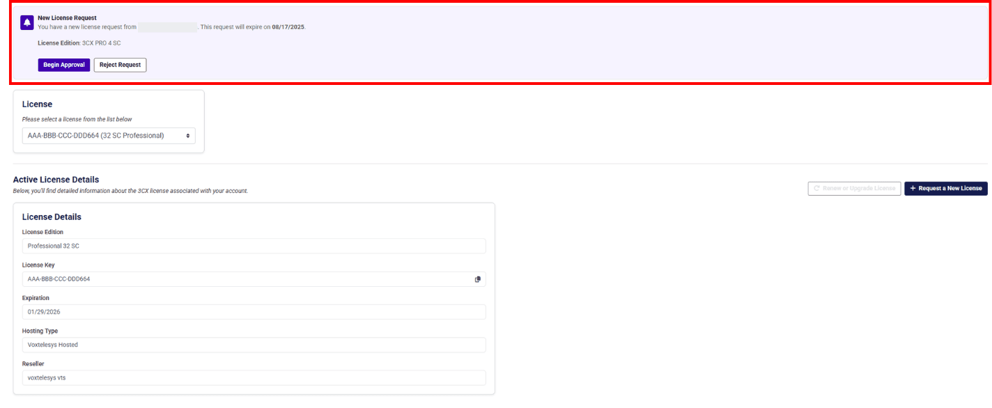 example of a notification to purchase a license in the 3CX licensing tab in the Voxtelesys Portal