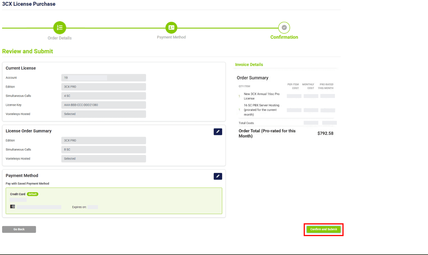 Review and submit page at the end of ordering a license in the 3CX agent license management tab