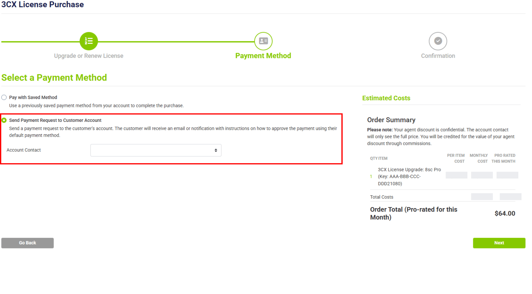 customer account payment request option