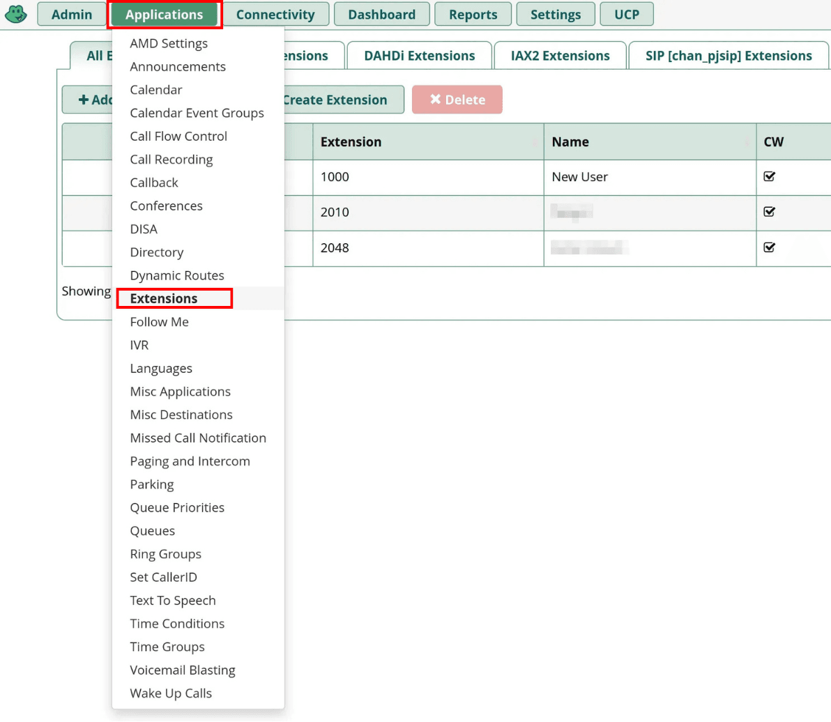 extensions under the applications drop-down