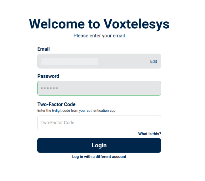 image of a voxtelesys login with authenticator app field