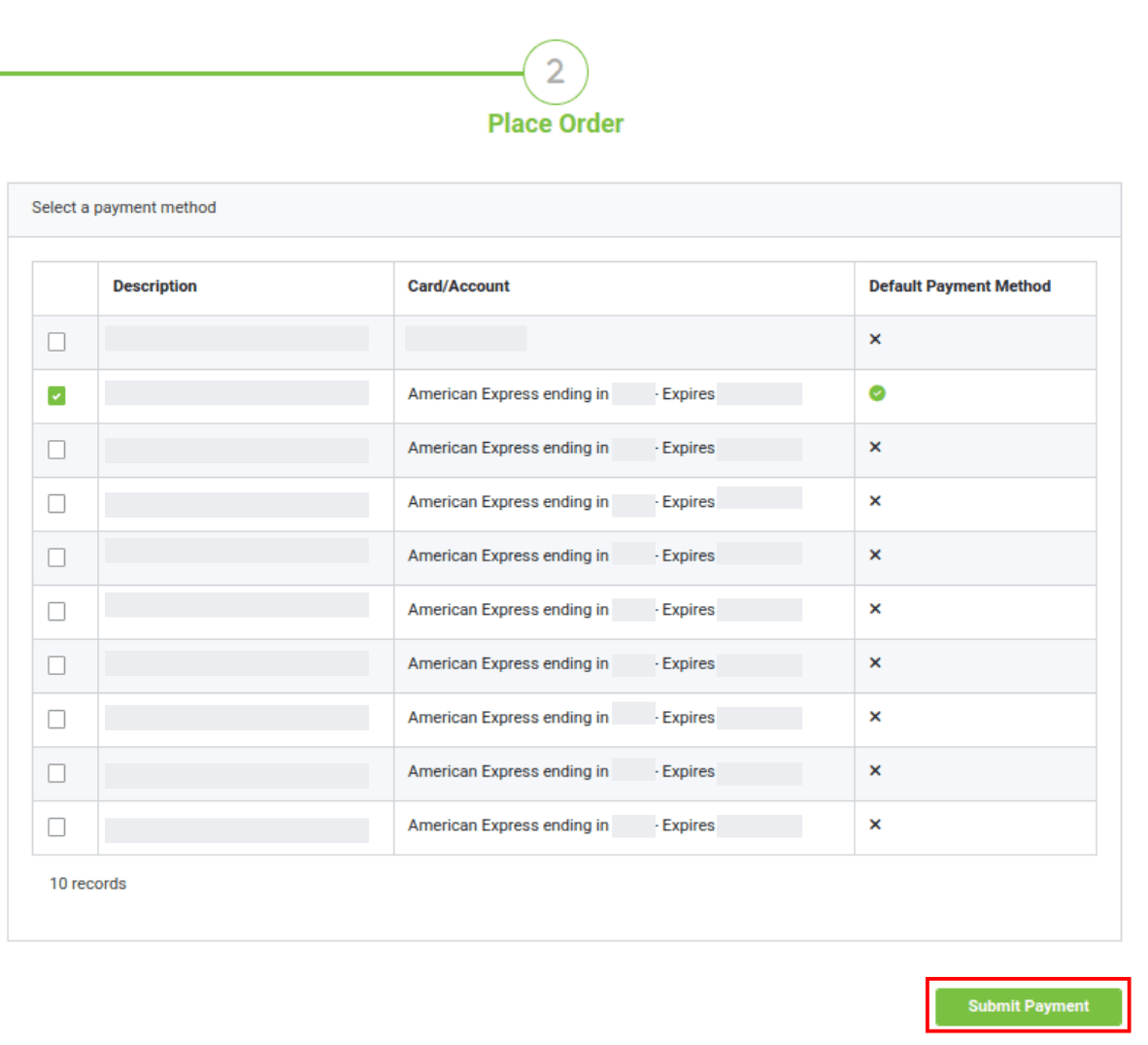 submit payment button surrounded by a red box in the lower right corner under the select payment box