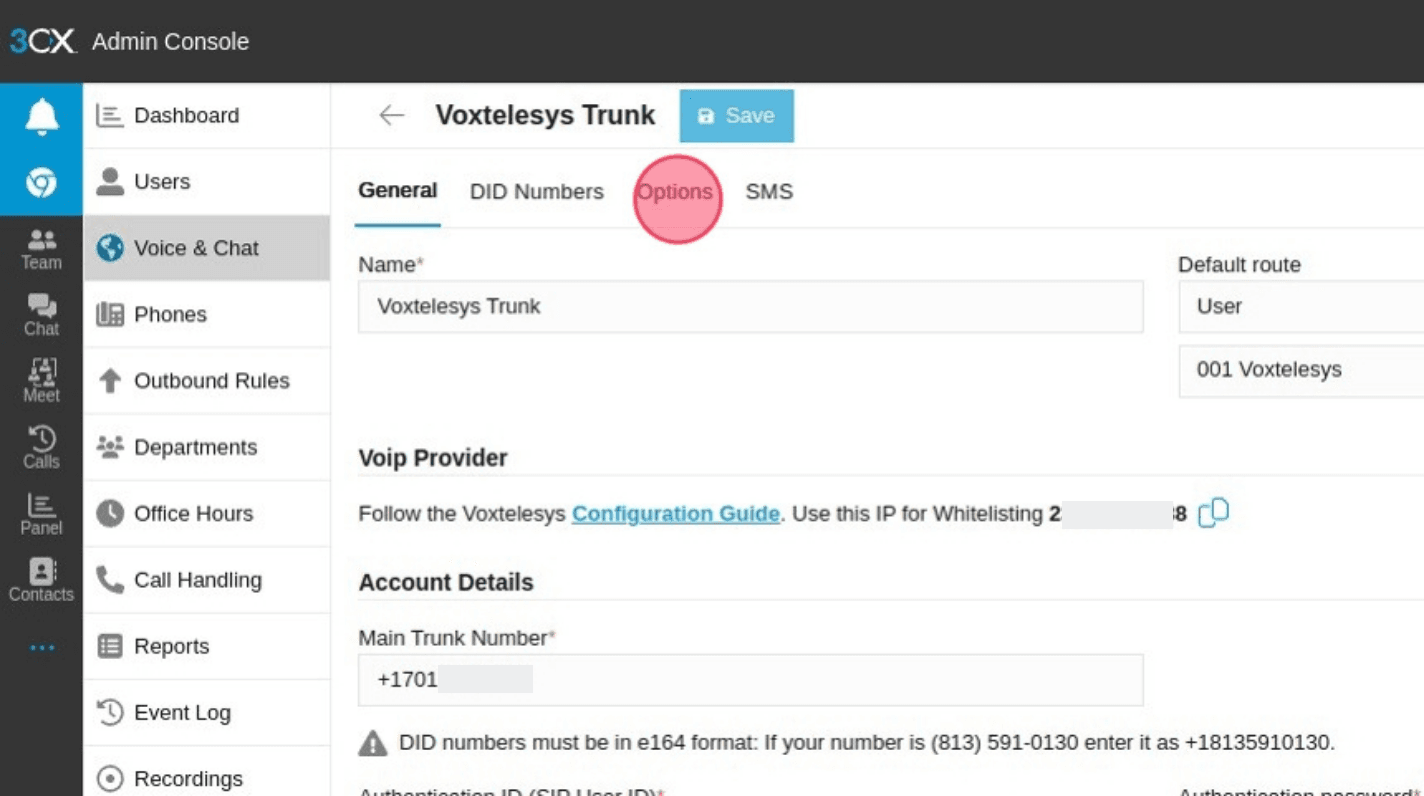 options tab under voxtelesys trunk in 3CX