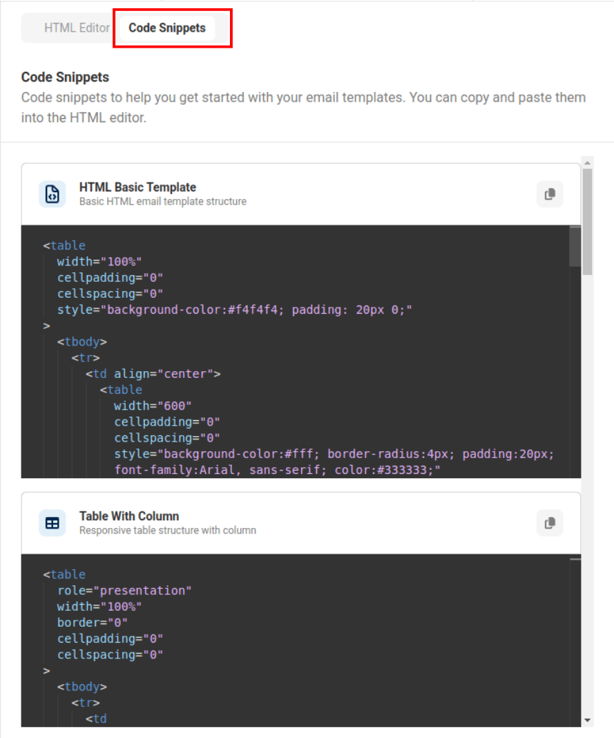 code snippets tab