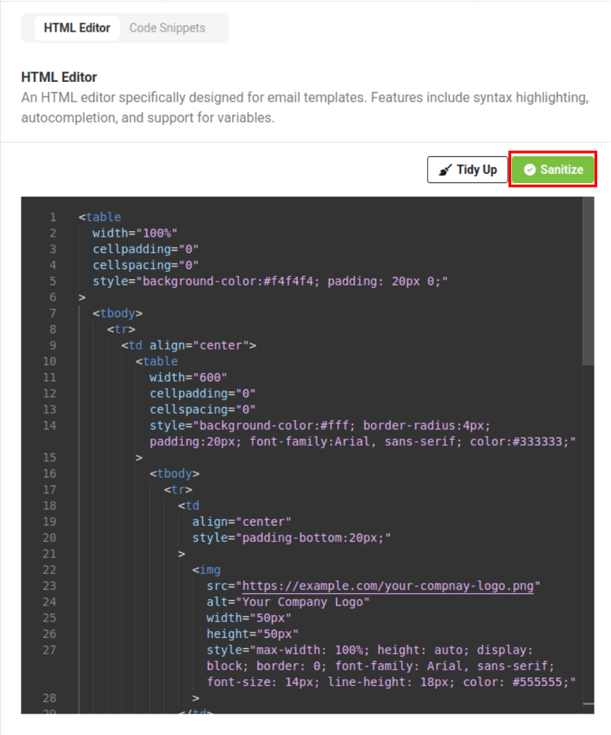 sanitization button at the top of the HTML Editor