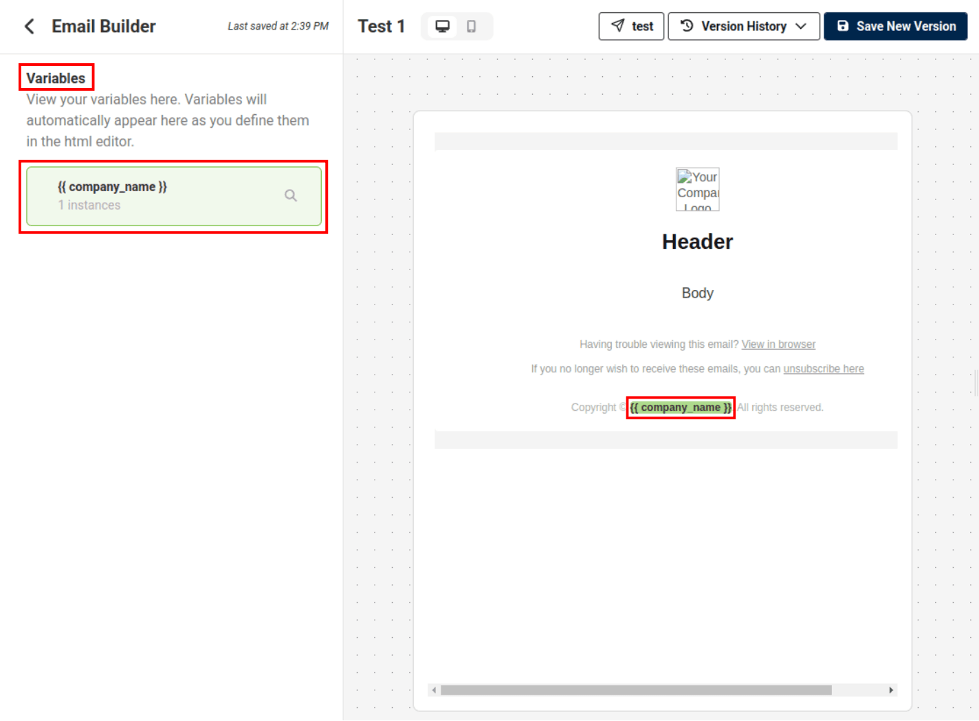 varibales location on left side of the email builder and within the preview window
