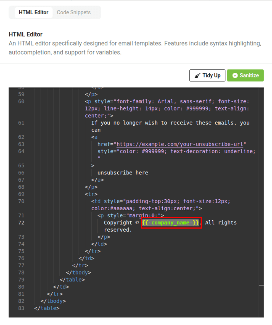 variable in the HTML editor