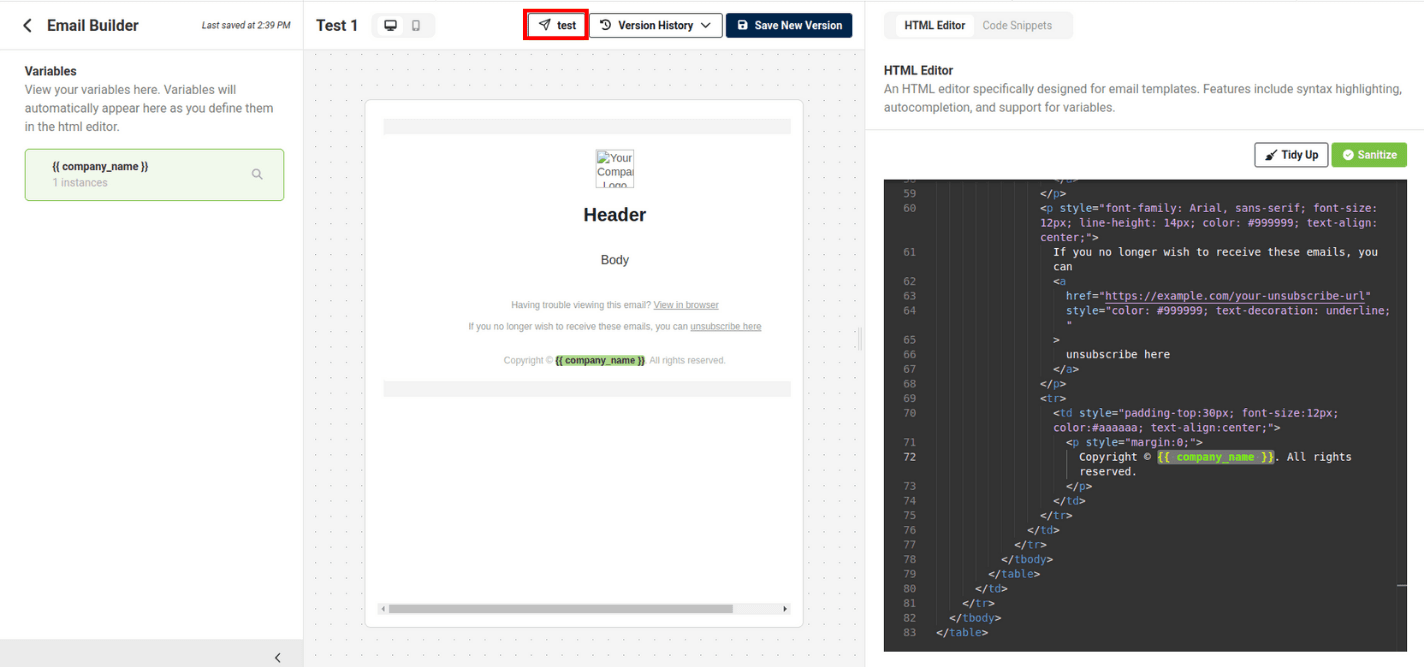 test button at the middle top of the email builder