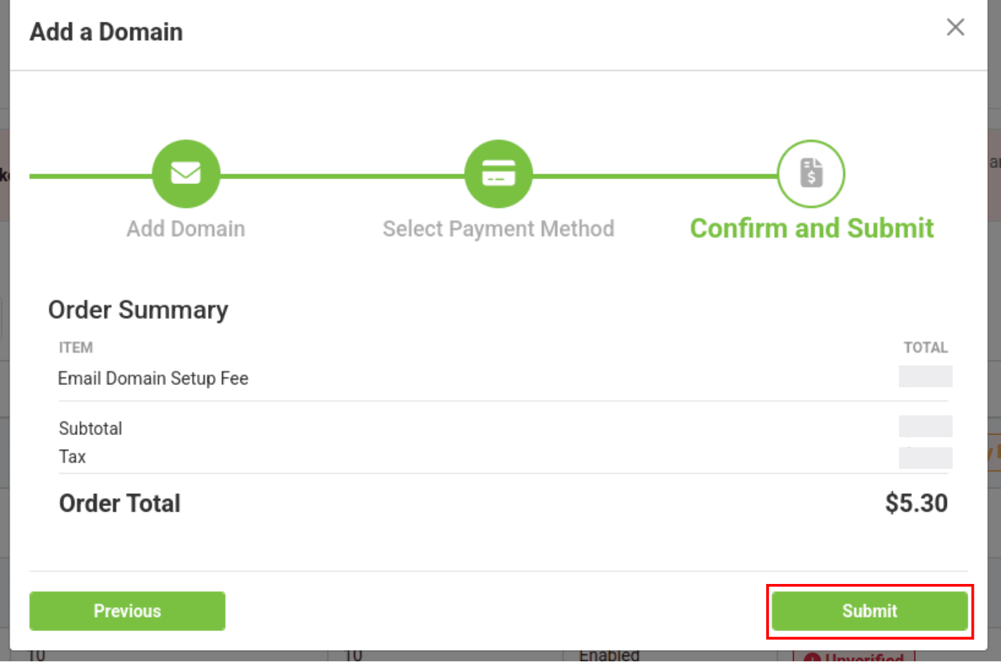 confrim and submit email domain page
