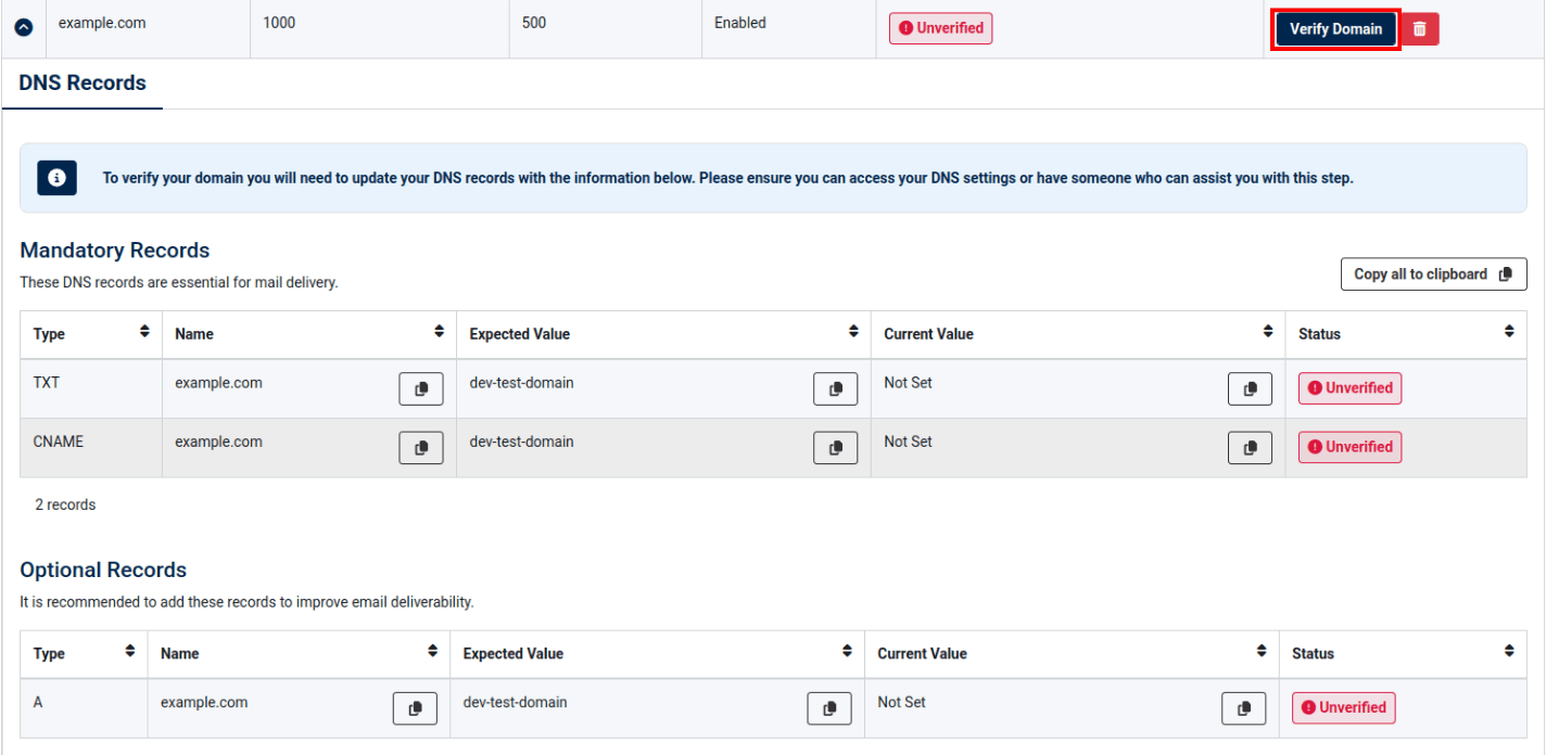 email domain DNS recoder drop-down with red box around verify domain button