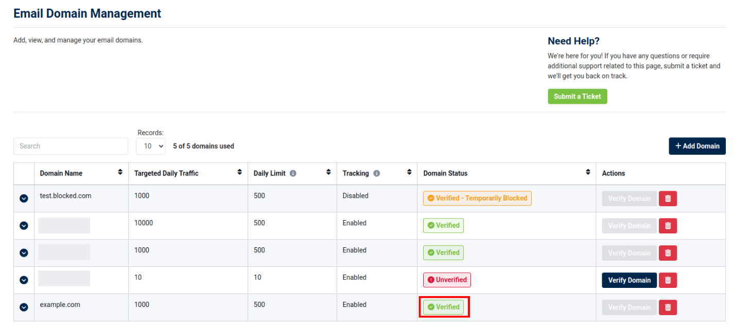 updated domain staus to verified in the email domain management table