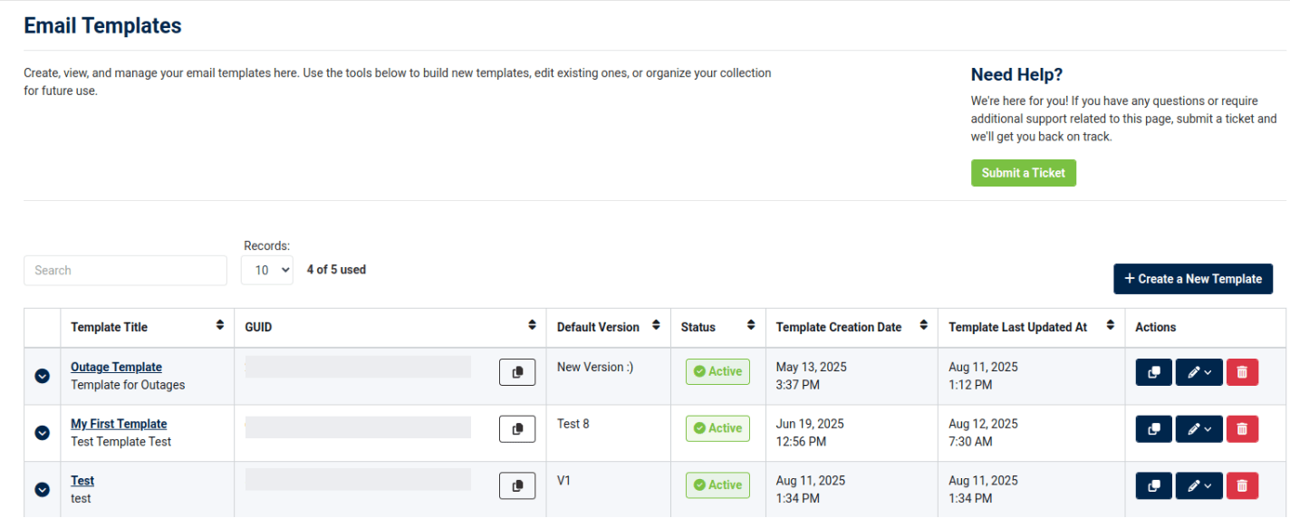 email template dashboard