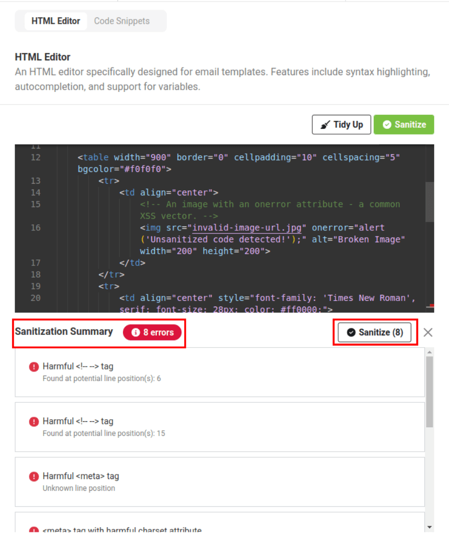 sanitization summary below the HTML editor