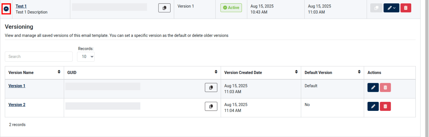 version history drop-down in the email template dashboard