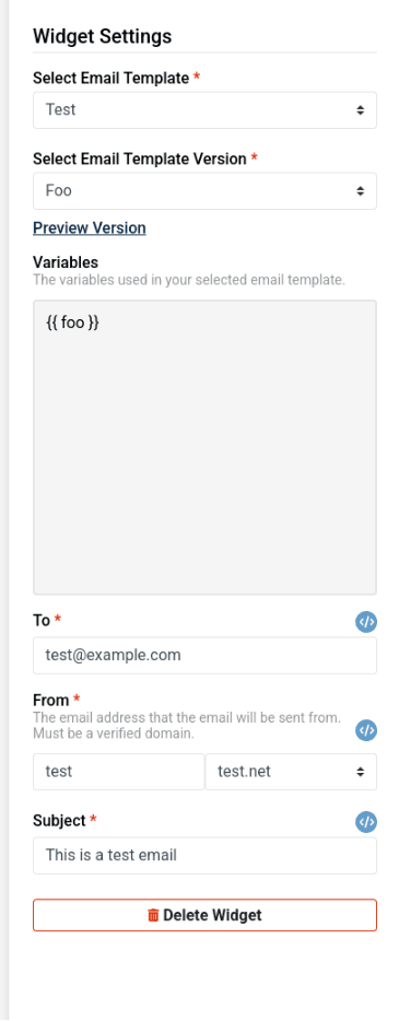 send email widget settings