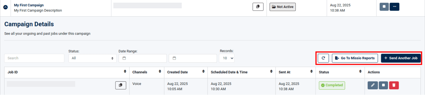 campaign options to refresh go to repors and to send another job
