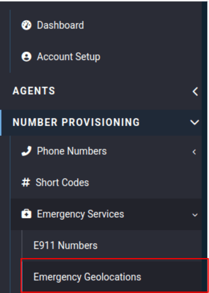 emergency services drop-down in the voxtelesys portal navigation