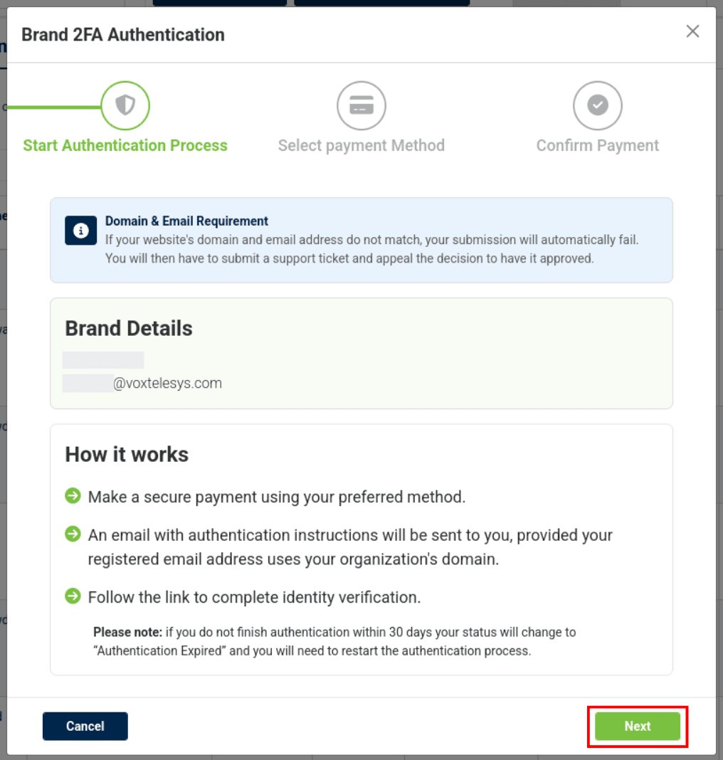 start authentication process in the brand 2fa authentication modal