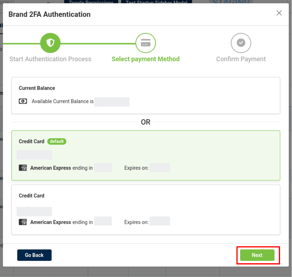 select payment method in Brand 2FA Authentication modal