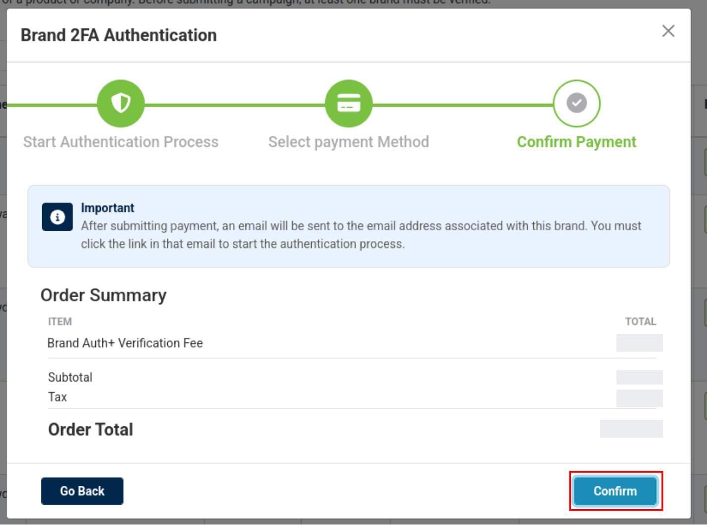 Confirm payment in the Modal