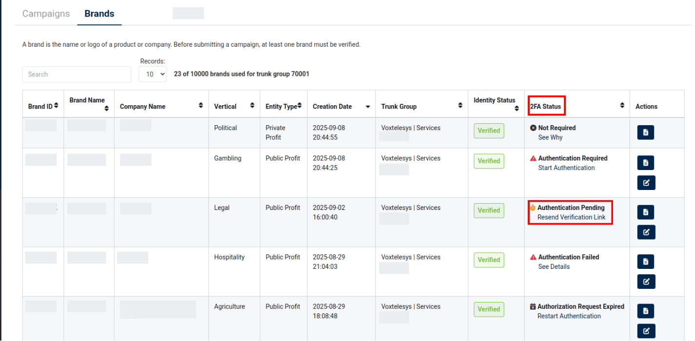 Authentication pending status in the brands table