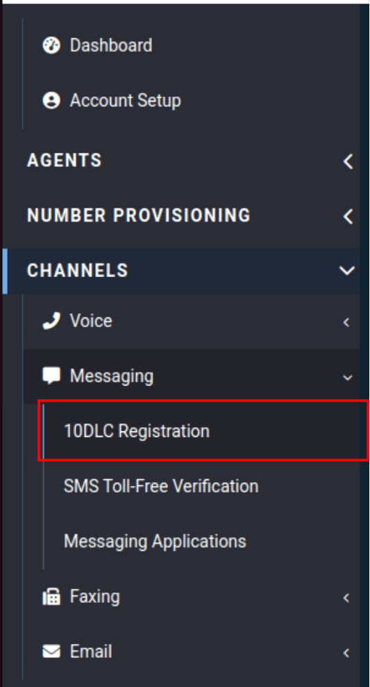 10DLC registrion tab in the voxtelesys portal side navigation bar