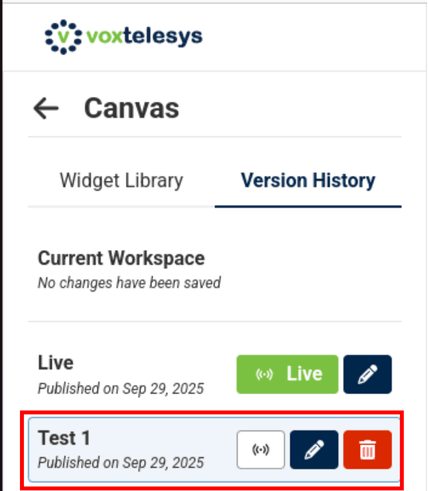image of version history tab with a box around test 1 version