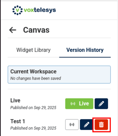 Image of version history tab with red box surrounding the delete button