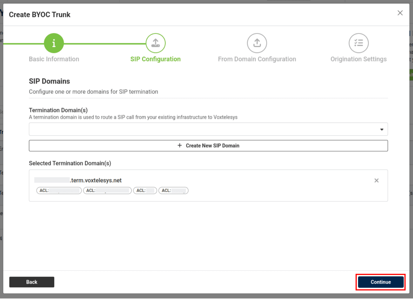 continue button in sip configuration in the modal