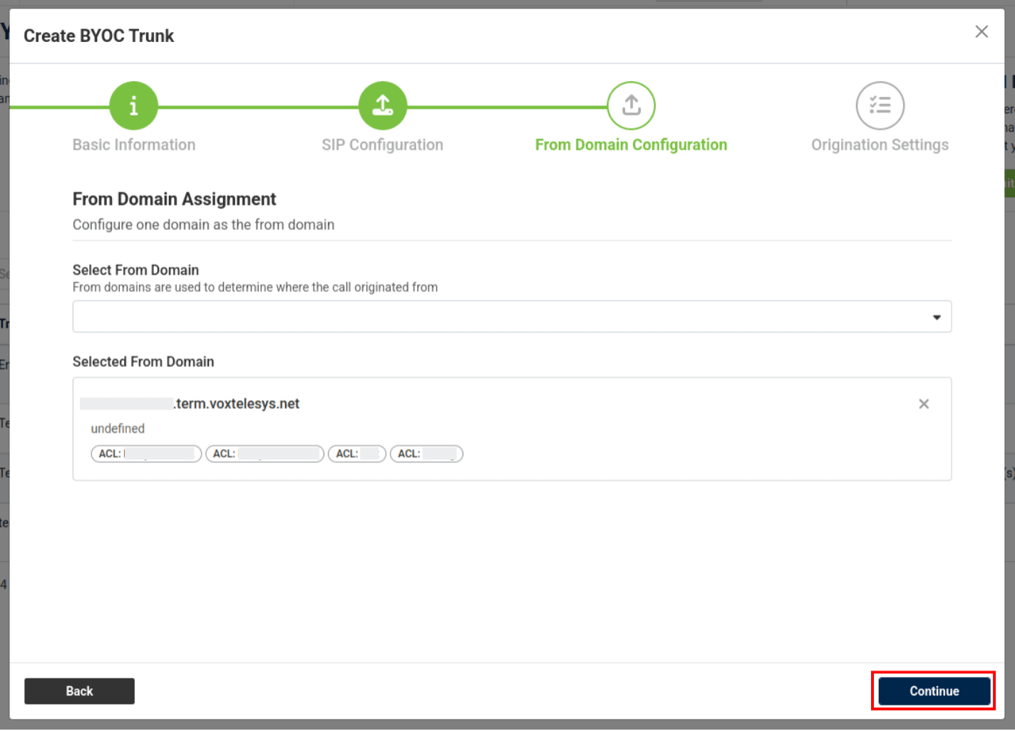 from domain assignment step with red box arounf the continue step