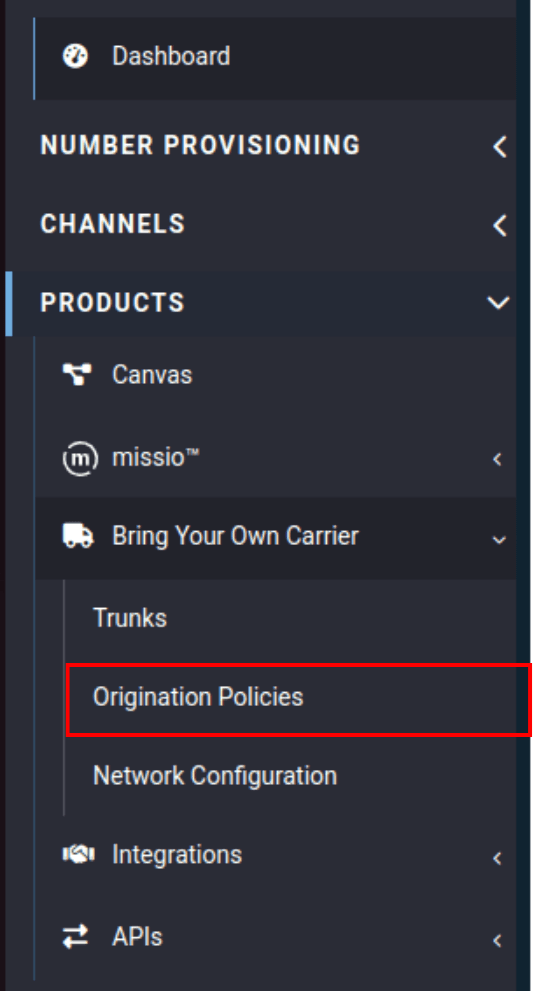 origination policies tab in the voxtelesys portal navigation sidebar