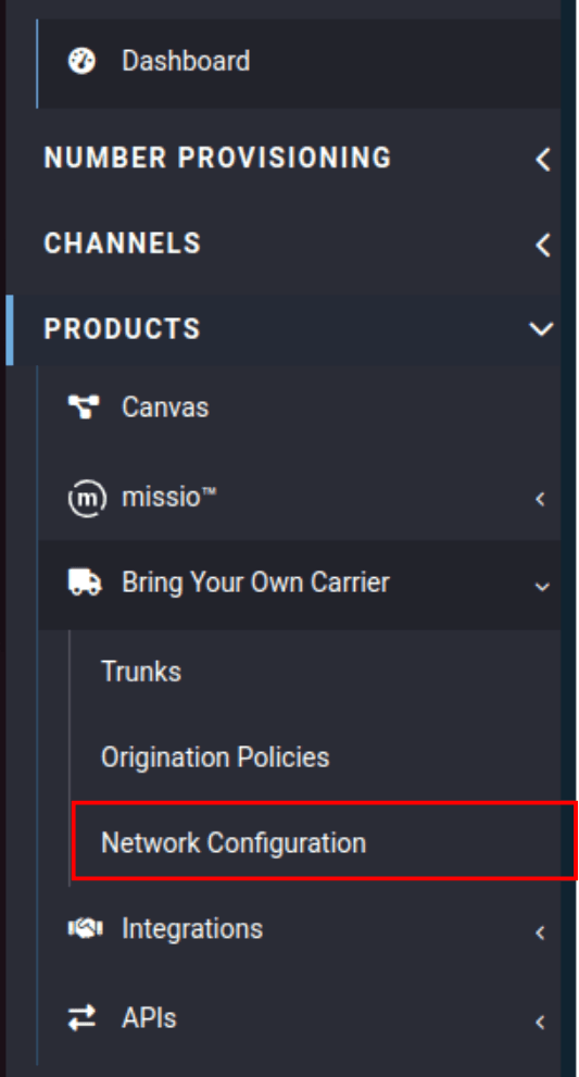network configuration in the portal sidebar