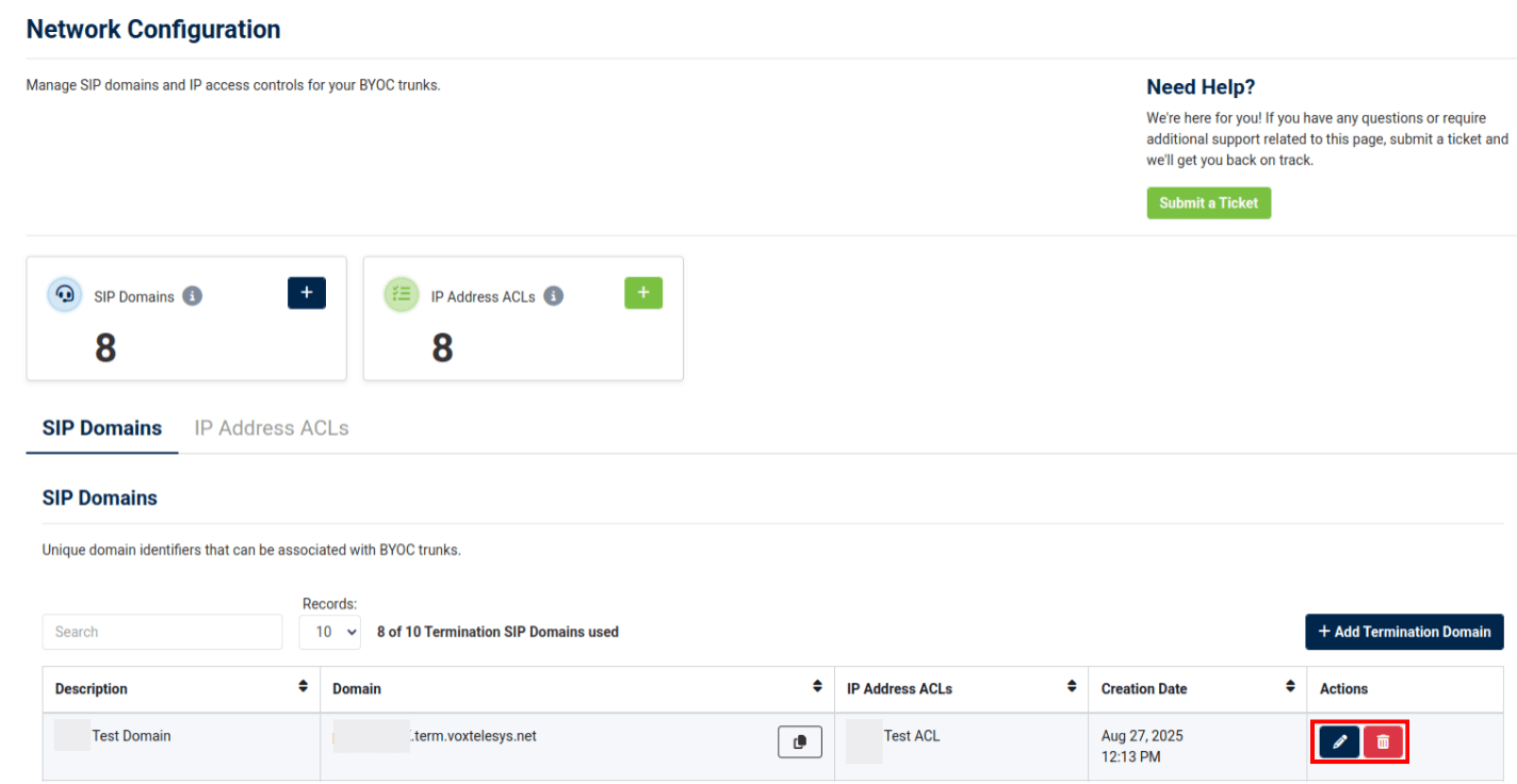 edit action for existing sip domains in the sip domain table