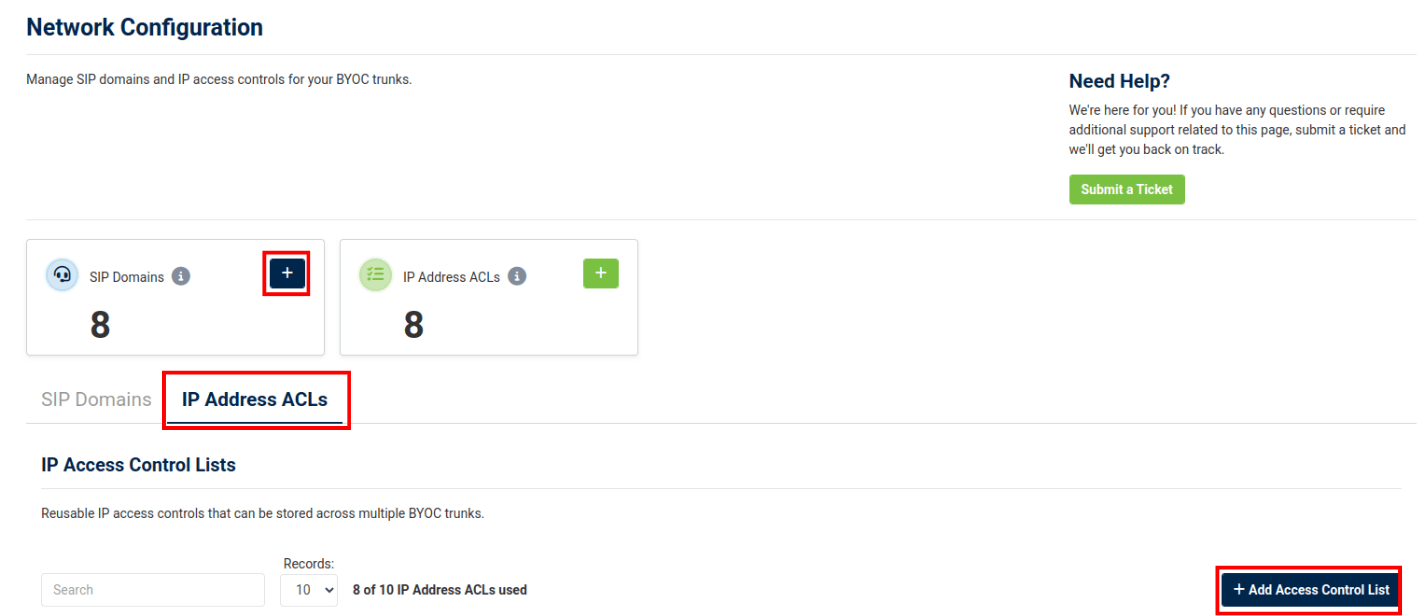 add access control list button in the network configuration tab