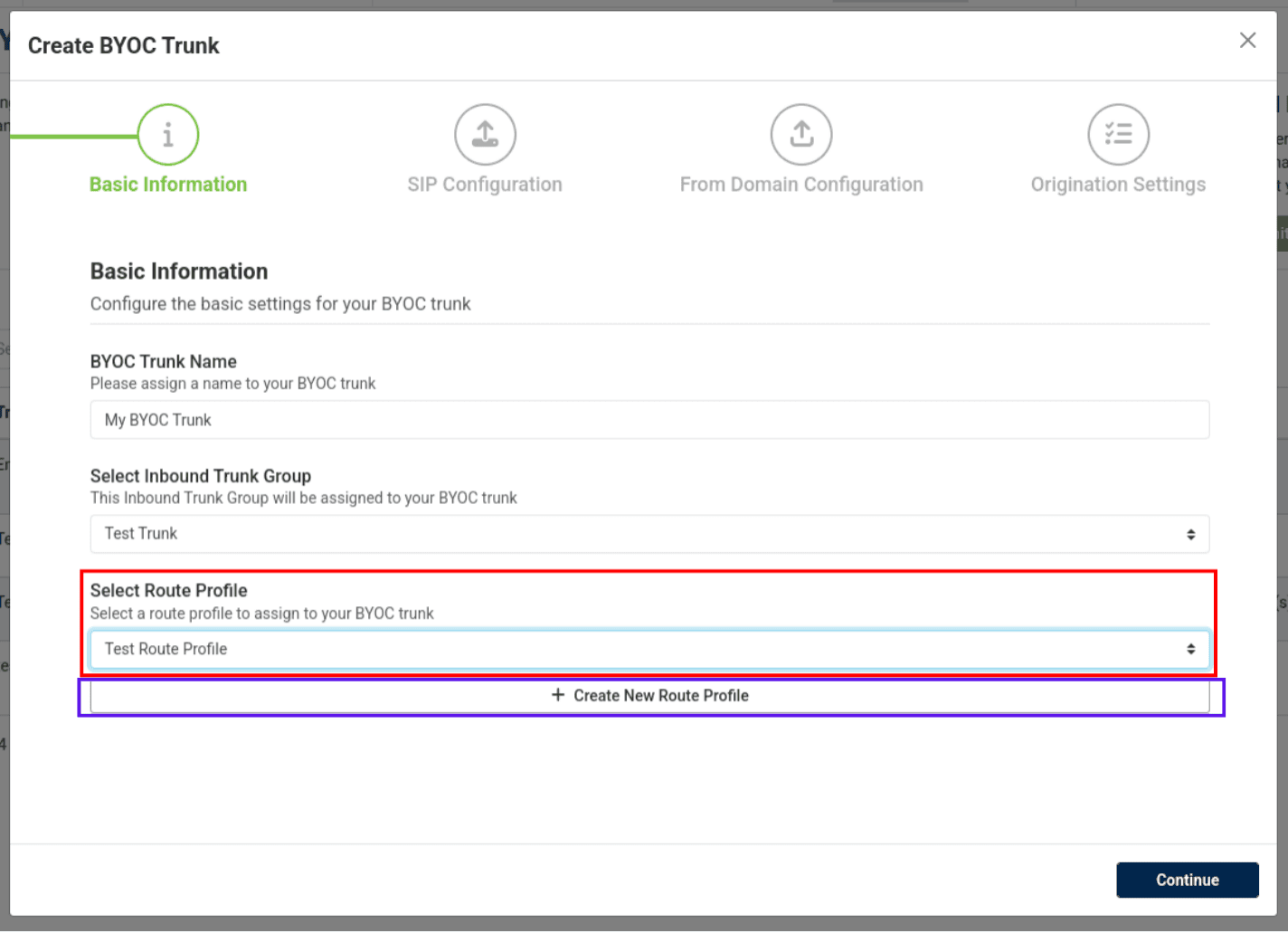 select route profile drop-down