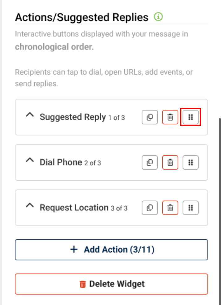 move button on the actions in the send rcs message widget