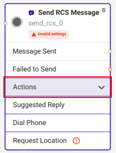 actions dropdown in the send RCS message widget