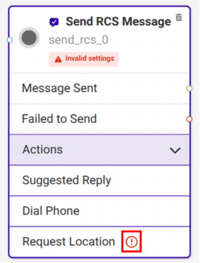 actions dropdown with box around the invalid settings alert