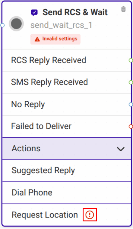 a red invalid symbol next to an action in the Send & Wait drop-down