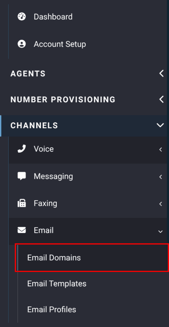 email domains under the email drop-down in the voxtelesys portal