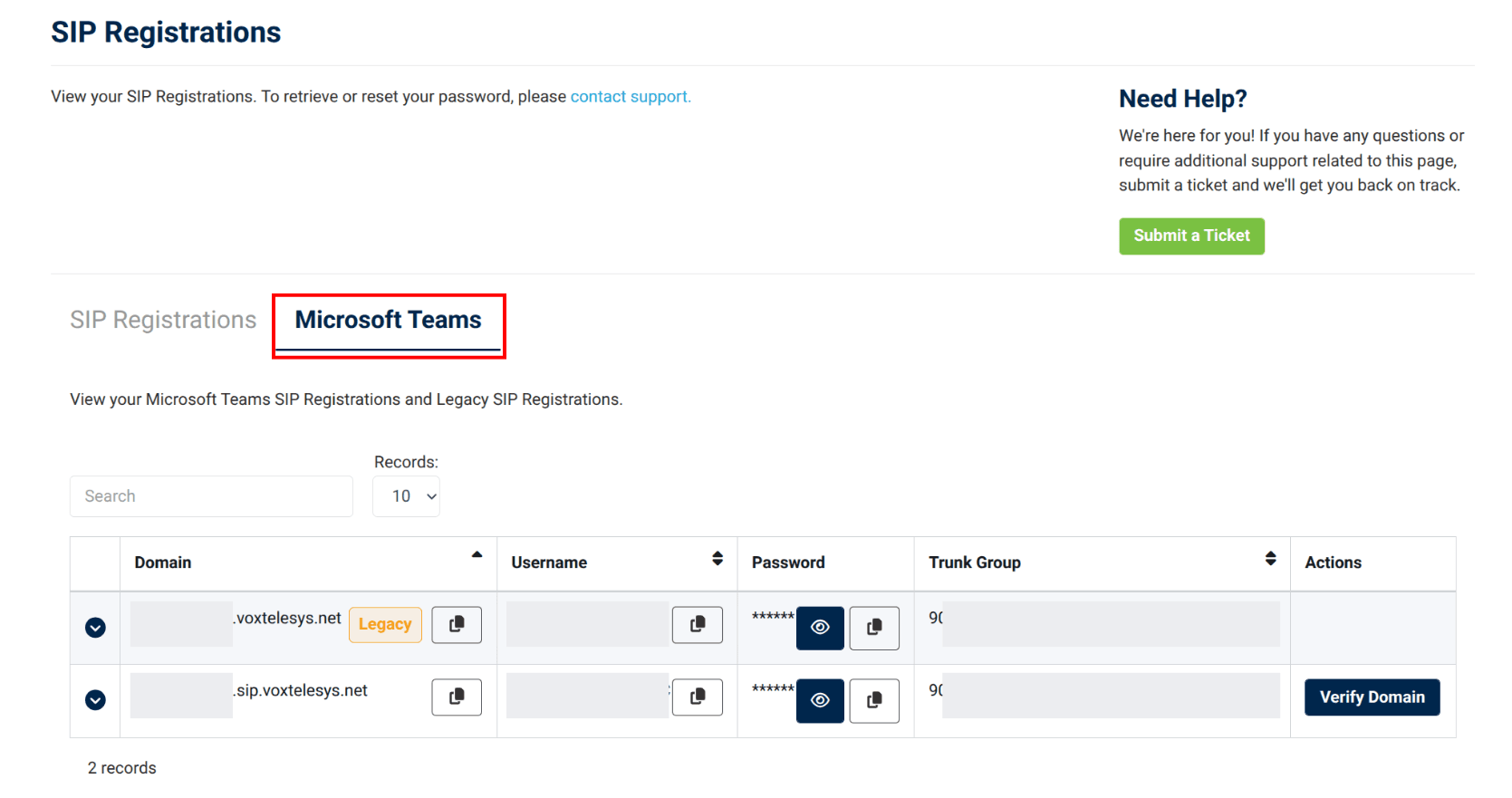 Microsoft teams option in the SIP Registration page