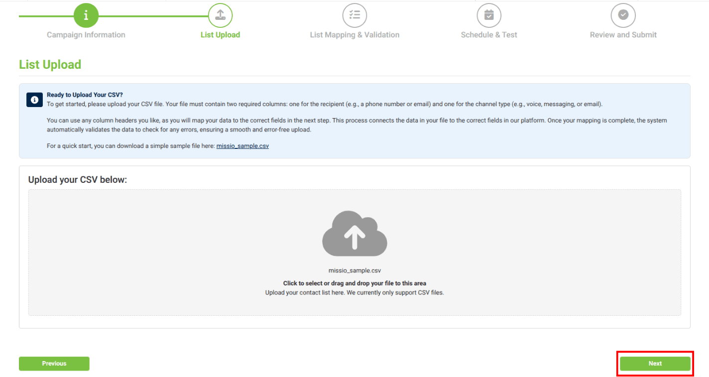 list upload field with red box over next step